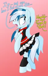 Size: 1638x2600 | Tagged: safe, artist:notadeliciouspotato, derpibooru import, oc, oc:serene dive, earth pony, pony, bipedal, blushing, cheerleader, cheerleader outfit, clothes, dialogue, female, gradient background, image, mare, offscreen character, open mouth, png, solo