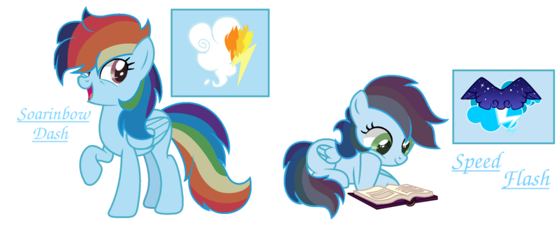 Size: 1366x585 | Tagged: safe, artist:mialositas2017, derpibooru import, oc, oc:soarinbow dash, oc:speed flash, unofficial characters only, pegasus, pony, book, cutie mark, female, image, lying down, mare, multicolored hair, offspring, parent:rainbow dash, parent:soarin', parents:soarindash, png, prone, rainbow hair, raised hoof, reading, siblings, simple background, sisters, smiling, text, transparent background, twins, wings