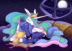 Size: 2000x1414 | Tagged: safe, artist:equestria-prevails, derpibooru import, princess celestia, princess luna, alicorn, pony, book, duo, duo female, eyes closed, female, full moon, image, jpeg, lying down, mare, moon, night, nuzzling, prone, royal sisters, s1 luna, siblings, sisters, smiling, window