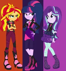 Size: 528x569 | Tagged: safe, artist:krystal-red-squirrel, artist:selenaede, derpibooru import, adagio dazzle, aria blaze, sonata dusk, starlight glimmer, sunset shimmer, twilight sparkle, human, equestria girls, alternate hairstyle, alternate universe, base used, boots, clothes, crossed arms, cutie mark, cutie mark on clothes, ear piercing, earring, fingerless gloves, gloves, hand on arm, hand on hip, high heel boots, high heels, image, jacket, jewelry, looking at each other, looking at someone, necklace, pendant, piercing, png, ponytail, shoes, the dazzlings, vest