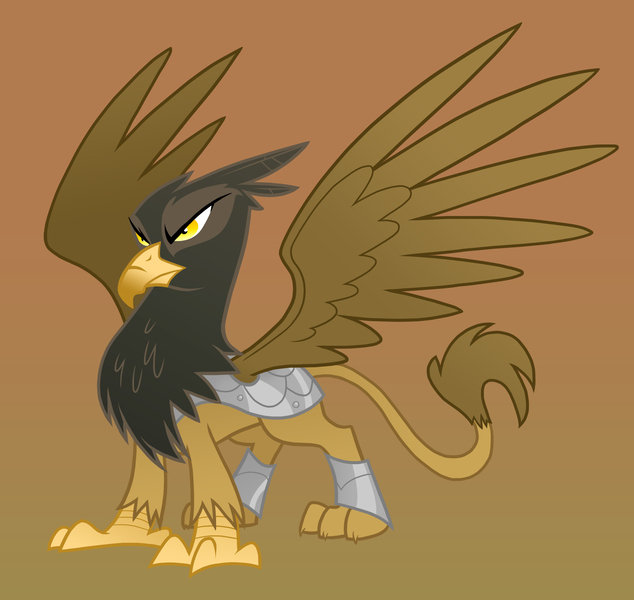 Size: 2800x2650 | Tagged: safe, artist:equestria-prevails, derpibooru import, oc, unofficial characters only, gryphon, armor, frown, gradient background, griffon oc, high res, image, jpeg, solo, spread wings, standing, wings