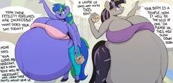 Size: 2484x1200 | Tagged: suggestive, artist:ahobobo, derpibooru import, oc, oc:felicity stars, oc:magna-save, anthro, pegasus, pony, unguligrade anthro, unicorn, series:fertility fortunes, belly, belly button, belly expansion, big belly, big breasts, bra, breasts, clothes, clothing damage, cookie, dialogue, dress, female, food, growth, huge belly, huge breasts, hyper, hyper belly, hyper breasts, hyper pregnancy, image, impossibly large belly, impossibly large breasts, magslicity, mare, outie belly button, pants, png, pregnant, pregnant expansion, tanktop, underwear, wings, yoga pants