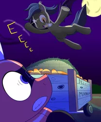 Size: 1280x1536 | Tagged: safe, artist:trackheadtherobopony, derpibooru import, oc, oc:echo, oc:trackhead, bat pony, original species, pony, robot, robot pony, wheelpone, cart, food, image, jpeg, mango, pounce