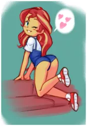 Size: 1020x1470 | Tagged: suggestive, artist:drantyno, derpibooru import, sunset shimmer, equestria girls, adorasexy, bedroom eyes, bunset shimmer, butt, clothes, couch, cute, female, heart, image, legs, looking at you, looking back, looking back at you, one eye closed, png, reference used, scene interpretation, sexy, shimmerbetes, shoes, sneakers, solo, solo female, sultry pose, thighs, wink