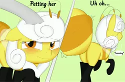 Size: 4556x3000 | Tagged: suggestive, artist:bestponies, derpibooru import, oc, oc:buzzing pollen, unofficial characters only, bee, bee pony, insect, monster pony, original species, pony, antennae, blushing, female, female pred, fetish, flying, humming, image, jpeg, looking at you, mare, petting, same size vore, smiling, struggling, vore