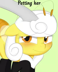 Size: 2406x3000 | Tagged: safe, artist:bestponies, derpibooru import, edit, oc, oc:buzzing pollen, unofficial characters only, bee, bee pony, insect, monster pony, original species, pony, antennae, blushing, female, image, jpeg, looking at you, mare, petting, smiling