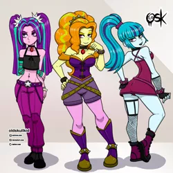 Size: 2000x2000 | Tagged: suggestive, artist:oldskullkid, derpibooru import, adagio dazzle, aria blaze, sonata dusk, equestria girls, rainbow rocks, bedroom eyes, belly button, breasts, eyeshadow, female, fishnet clothing, fishnets, gem, hips, image, jpeg, looking at you, makeup, piercing, pose, siren gem, smiling, smiling at you, the dazzlings, trio, trio female