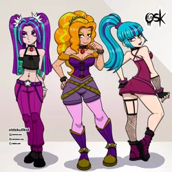 Size: 2000x2000 | Tagged: suggestive, alternate version, artist:oldskullkid, derpibooru import, adagio dazzle, aria blaze, sonata dusk, human, equestria girls, rainbow rocks, bedroom eyes, belly button, breasts, eyeshadow, female, fishnet clothing, fishnets, gem, hips, human coloration, image, jpeg, looking at you, makeup, piercing, pose, siren gem, smiling, smiling at you, the dazzlings, trio, trio female