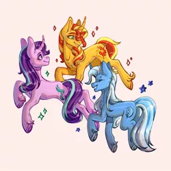 Size: 1280x1280 | Tagged: safe, artist:gowguo, derpibooru import, starlight glimmer, sunset shimmer, trixie, unicorn, chest fluff, curved horn, eyes closed, horn, image, jpeg, smiling, sparkles, underhoof