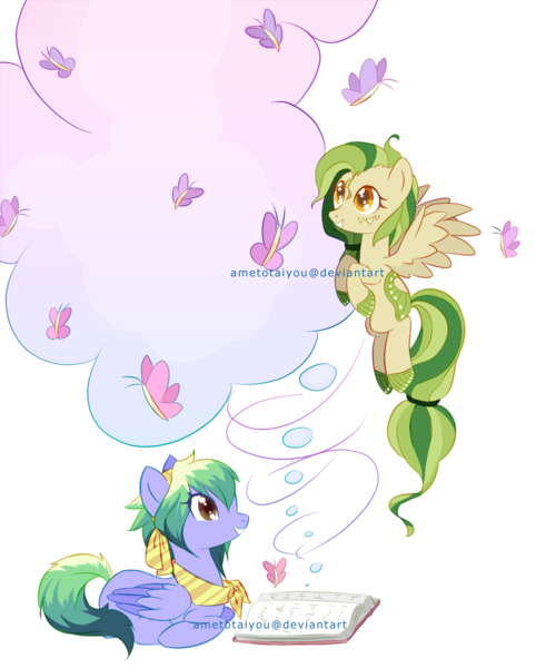 Size: 1476x1836 | Tagged: safe, artist:ametotaiyou, derpibooru import, oc, butterfly, insect, pegasus, pony, book, clothes, colored wings, duo, eyelashes, female, flying, grin, image, mare, pegasus oc, png, scarf, simple background, smiling, transparent background, two toned wings, wings