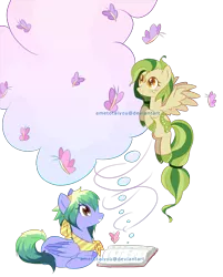 Size: 1476x1836 | Tagged: safe, artist:ametotaiyou, derpibooru import, oc, butterfly, insect, pegasus, pony, book, clothes, colored wings, duo, eyelashes, female, flying, grin, image, mare, pegasus oc, png, scarf, simple background, smiling, transparent background, two toned wings, wings