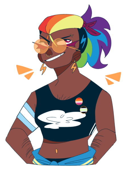 Size: 900x1193 | Tagged: safe, artist:pumpkin-phantom, derpibooru import, rainbow dash, human, agender, agender pride flag, alternate hairstyle, belly button, clothes, dark skin, ear piercing, earring, eyebrow piercing, grin, hoodie, humanized, image, jewelry, lesbian pride flag, midriff, nose piercing, nose ring, piercing, png, ponytail, pride, pride flag, simple background, smiling, solo, sports bra, sunglasses, transparent background