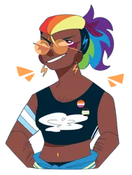 Size: 900x1193 | Tagged: safe, artist:pumpkin-phantom, derpibooru import, rainbow dash, human, agender, agender pride flag, alternate hairstyle, belly button, clothes, dark skin, ear piercing, earring, eyebrow piercing, grin, hoodie, humanized, image, jewelry, lesbian pride flag, midriff, nose piercing, nose ring, piercing, png, ponytail, pride, pride flag, simple background, smiling, solo, sports bra, sunglasses, transparent background