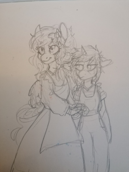 Size: 3000x4000 | Tagged: safe, artist:purple-blep, derpibooru import, oc, oc:lime, oc:paradise skies, anthro, pegasus, pony, unicorn, apron, clothes, dress, female, image, jpeg, mare, overalls, sketch, traditional art