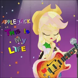Size: 1084x1084 | Tagged: safe, derpibooru import, applejack, equestria girls, shake your tail, album, album cover, background human, boots, clothes, fefe dobson, image, jpeg, party, shoes, singer, single, skirt, solo