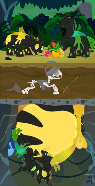 Size: 1517x2955 | Tagged: safe, artist:wheatley r.h., derpibooru import, changeling, skeleton pony, comic:cambiantes mieleros, avocado, banana, belly, big belly, bone, carambola, cave, changeling hive, changeling loves watermelon, comic, food, fruit, green changeling, gun, honey, honeypot changeling, huge belly, image, impossibly large belly, jpeg, jungle, kiwi fruit, love, mango, morrión, peach, pepper, pineapple, pitaya, plants, skeleton, sweet potato, upside down, vector, watermark, watermelon, weapon, yellow changeling