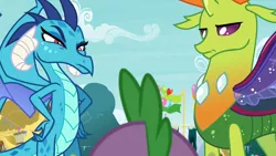 Size: 1918x1080 | Tagged: safe, derpibooru import, screencap, princess ember, spike, thorax, changedling, changeling, dragon, season 7, triple threat, dragoness, ember is not amused, female, frown, hand on hip, image, king thorax, png, thorax is not amused, trio, unamused