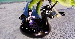 Size: 4096x2160 | Tagged: suggestive, artist:jdash, derpibooru import, izzy moonbow, unicorn, 3d, beach, beach ball, blender, blender cycles, boots, choker, clothes, eyeshadow, floaty, g5, goth, goth izzy, gothic, image, inflatable toy, makeup, palm tree, png, relaxed, sand, shoes, socks, sun, sunset, tree, water