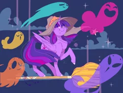 Size: 500x375 | Tagged: safe, artist:agent-sketch-pad, twilight sparkle, twilight sparkle (alicorn), alicorn, ghost, pony, undead, broom, cloud, colored hooves, female, flying, flying broomstick, folded wings, hat, image, looking at you, mare, night, night sky, png, sky, smiling, solo, standing, wings, witch hat