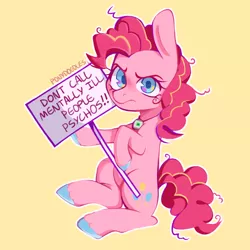 Size: 900x899 | Tagged: safe, artist:occultusion, pinkie pie, earth pony, pony, colored hooves, female, frown, image, looking at you, mare, mental illness, messy mane, mouthpiece, png, schizophrenia, sign, simple background, sitting, solo, text, yellow background