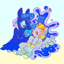 Size: 500x499 | Tagged: safe, artist:fablewave, derpy hooves, princess luna, pegasus, pony, colored hooves, duo, duo female, ethereal mane, female, gradient background, image, jewelry, lesbian, lunaderp, lying down, mouth hold, necklace, open mouth, pegasus luna, png, shipping, unshorn fetlocks, wings
