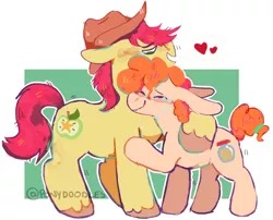 Size: 500x403 | Tagged: safe, artist:ponydoodles, bright mac, pear butter, earth pony, pony, alternate hairstyle, brightbutter, colored hooves, couple, cowboy hat, crying, female, floating heart, green background, hat, heart, hug, image, male, mare, png, shipping, short tail, simple background, smiling, stallion, standing, straight, unshorn fetlocks, white background