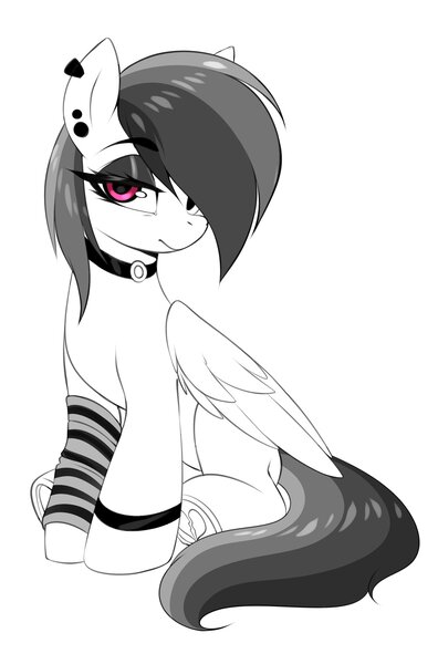 Size: 1982x3000 | Tagged: safe, artist:ask-colorsound, derpibooru import, rainbow dash, pegasus, pony, choker, ear piercing, emo, eyeshadow, image, jpeg, makeup, monochrome, neo noir, partial color, piercing, simple background, solo, white background