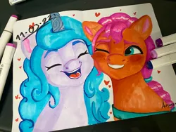 Size: 2048x1536 | Tagged: safe, artist:alfunezart, derpibooru import, izzy moonbow, sunny starscout, earth pony, pony, unicorn, 2020, eyes closed, g5, happy, heart, image, jpeg, marker drawing, markers, one eye closed, smiling, traditional art