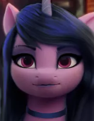 Size: 405x522 | Tagged: editor needed, safe, derpibooru import, edit, edited screencap, screencap, izzy moonbow, unicorn, my little pony: a new generation, alternate hairstyle, black mane, bust, collar, eyeshadow, g5, goth, goth izzy, image, looking at you, makeup, png, solo