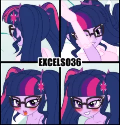 Size: 626x656 | Tagged: suggestive, artist:excelso36, derpibooru import, sci-twi, twilight sparkle, human, equestria girls, blushing, cropped, female, glasses, having fun, humanized, image, jpeg, legs in air, pigtails, solo, tongue out, twintails