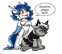 Size: 1224x1065 | Tagged: safe, artist:hiddenfaithy, derpibooru import, oc, oc:aurora, oc:nightfall haze, unofficial characters only, pegasus, unicorn, were-pony, wolf, wolf pony, :p, clothes, commission, image, maid, png, simple background, speech bubble, tongue out, transparent background