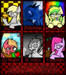 Size: 1558x1780 | Tagged: semi-grimdark, artist:xxv4mp_g4z3rxx, derpibooru import, edit, big macintosh, derpy hooves, doctor whooves, pinkie pie, princess luna, time turner, oc, oc:wooden toaster, alicorn, earth pony, pegasus, pony, six fanarts, abuse, angry, apple, blonde mane, blue coat, blue eyes, blue mane, blushing, bush, checkered background, crown, cupcake, dead tree, eyes closed, female, food, gray coat, gray mane, green eyes, image, in pain, jewelry, knife, liquid rainbow, macabuse, male, mare, moon, muffin, necktie, pink coat, pink mane, pinkamena diane pie, png, race swap, red coat, regalia, scared, sharp teeth, smug, spread wings, stallion, statue, stone, sun, surprised, teeth, text, tree, two toned mane, wall of tags, weeping angel, wings, yellow coat, yellow eyes