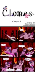 Size: 1042x2147 | Tagged: safe, artist:dendoctor, derpibooru import, mean twilight sparkle, twilight sparkle, twilight sparkle (alicorn), alicorn, pony, comic:clone.., alternate universe, comic, energy sword, female, fire, g4, glow, glowing horn, horn, image, jpeg, magic, movie reference, star wars, star wars: revenge of the sith, tree, weapon