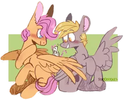 Size: 1280x1032 | Tagged: safe, artist:ponydoodles, derpy hooves, fluttershy, pegasus, pony, rat, animal, blushing, butterscotch, colored ears, couple, derpyshy, dopey hooves, duo, female, gay, green background, image, lesbian, male, png, rule 63, shipping, simple background, sitting, smiling, stallion, wings