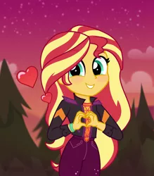Size: 6000x6843 | Tagged: safe, artist:n0kkun, derpibooru import, sunset shimmer, equestria girls, belt, blushing, clothes, cloud, cute, denim, female, grin, heart, image, jacket, jeans, leather, leather jacket, pants, png, shimmerbetes, show accurate, sky, smiling, solo, tree