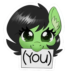 Size: 870x900 | Tagged: safe, artist:taytinabelle, derpibooru import, oc, oc:anonfilly, earth pony, pony, (you), bust, derpibooru exclusive, ear fluff, female, filly, image, looking at you, mare, mouth hold, png, sign, simple background, smiling, solo, transparent background