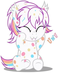 Size: 2930x3660 | Tagged: safe, artist:strategypony, derpibooru import, oc, oc:confetti cupcake, unofficial characters only, bat pony, pony, :3, bat pony oc, bat wings, confetti, cute, cute little fangs, daaaaaaaaaaaw, ear tufts, eyes closed, fangs, female, filly, foal, hoof on cheek, hoof on face, image, multicolored mane, multicolored tail, ocbetes, png, polka dots, simple background, sitting, solo, tail, transparent background, uwu, wings, younger