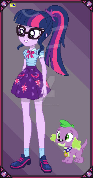 Size: 1280x2453 | Tagged: safe, artist:sansdrew250, derpibooru import, sci-twi, spike, spike the regular dog, twilight sparkle, dog, equestria girls, female, image, jpeg, male, obtrusive watermark, pixel art, watermark