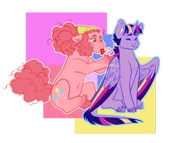 Size: 1280x1055 | Tagged: safe, artist:ponydoodles, pinkie pie, twilight sparkle, twilight sparkle (alicorn), alicorn, earth pony, pony, alternate design, alternate hairstyle, bandana, colored hooves, colored wings, duo, duo female, ear fluff, eyes closed, female, haircut, heterochromia, image, leonine tail, mare, mouth hold, multicolored wings, png, ponytail, scissors, short mane, simple background, sitting, transparent background, unshorn fetlocks, wings