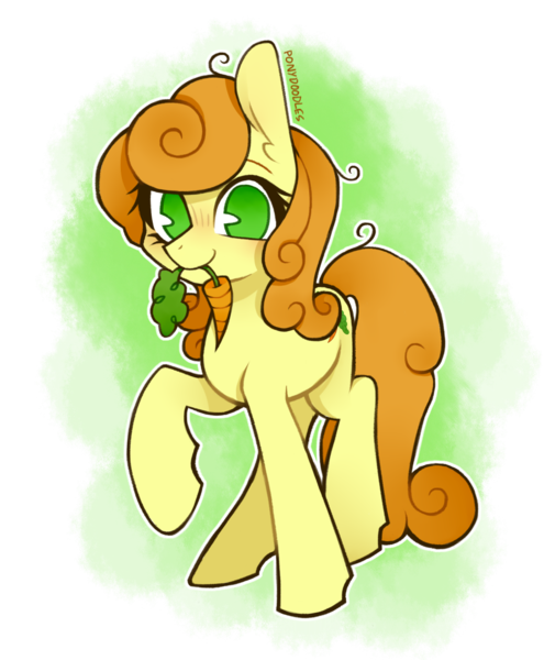 Size: 1000x1212 | Tagged: safe, artist:occultusion, carrot top, golden harvest, earth pony, pony, carrot, female, food, green eyes, image, looking at you, mare, mouth hold, png, raised hoof, simple background, solo, standing, transparent background