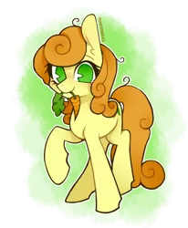 Size: 1000x1212 | Tagged: safe, artist:occultusion, carrot top, golden harvest, earth pony, pony, carrot, female, food, green eyes, image, looking at you, mare, mouth hold, png, raised hoof, simple background, solo, standing, transparent background
