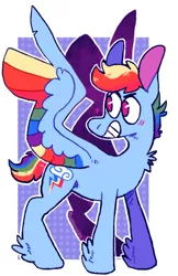 Size: 524x810 | Tagged: safe, artist:ponydoodles, edit, rainbow dash, pegasus, pony, alternate hairstyle, colored ears, colored wings, feathered fetlocks, female, image, mare, multicolored wings, png, rainbow wings, short hair, simple background, smiling, solo, white background, wings