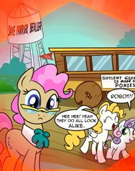 Size: 430x545 | Tagged: safe, artist:madmax, derpibooru import, edit, mayor mare, surprise, sweetie belle, earth pony, pegasus, pony, robot, unicorn, cropped, dialogue, eyes closed, female, filly, foal, giggling, horn, image, mare, non-dyed mayor, png, smiling, speech bubble, sweetie bot, text, wings