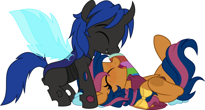 Size: 5000x2692 | Tagged: safe, artist:jhayarr23, derpibooru import, oc, oc:solar comet, oc:swift dawn, unofficial characters only, changeling, pegasus, pony, bandana, blue changeling, boop, bow, changeling oc, clothes, commission, cute, duo, eyes closed, fangs, freckles, frog (hoof), hair bow, image, male, ocbetes, pegasus oc, png, scrunchy face, simple background, socks, stallion, transparent background, underhoof, wings, ych result