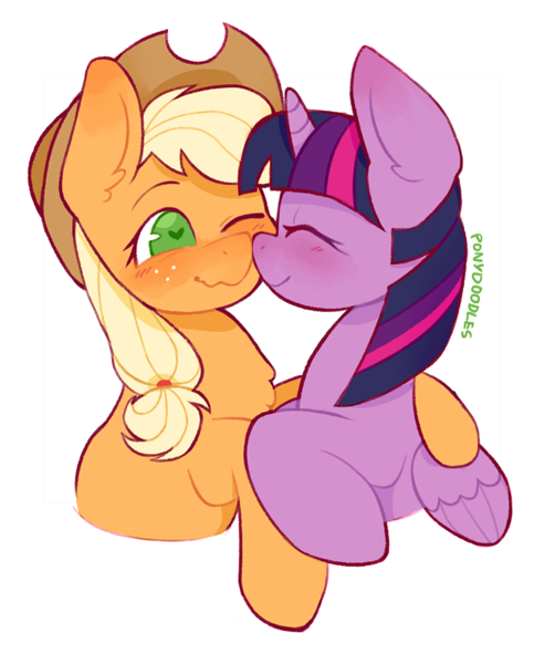 Size: 900x1117 | Tagged: safe, artist:occultusion, edit, applejack, twilight sparkle, alicorn, earth pony, pony, applejack's hat, blushing, boop, closed wing, couple, cowboy hat, eyes closed, female, freckles, green eyes, hat, heart eyes, image, lesbian, mare, noseboop, one eye closed, png, shipping, simple background, twijack, white background, wingding eyes