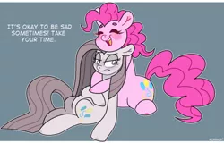 Size: 500x320 | Tagged: safe, artist:1racat, pinkie pie, earth pony, pony, duo, duo female, eyes closed, female, frown, hug, image, mare, open mouth, pinkamena diane pie, png, positive ponies, self paradox, sitting, smiling, solo, talking