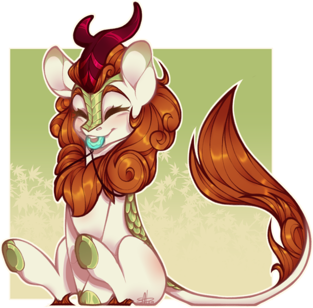 Size: 947x931 | Tagged: safe, artist:sylvanaurora, autumn blaze, kirin, colored eartips, eyes closed, female, green background, happy, image, jewelry, leonine tail, mouth hold, necklace, png, simple background, sitting, solo, underhoof, white outline