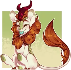 Size: 947x931 | Tagged: safe, artist:sylvanaurora, autumn blaze, kirin, colored eartips, eyes closed, female, green background, happy, image, jewelry, leonine tail, mouth hold, necklace, png, simple background, sitting, solo, underhoof, white outline