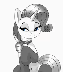 Size: 2437x2756 | Tagged: safe, artist:pabbley, derpibooru import, rarity, pony, unicorn, belly button, black and white, choker, clothes, female, grayscale, image, jpeg, lidded eyes, mare, monochrome, neo noir, partial color, simple background, smiling, socks, white background