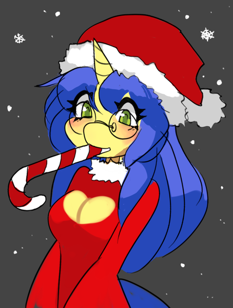 Size: 846x1119 | Tagged: safe, artist:saikoot, derpibooru import, oc, oc:logical leap, unofficial characters only, anthro, anthro oc, breasts, candy, candy cane, christmas, cleavage, female, food, glasses, hat, holiday, image, mouth hold, png, santa hat, simple background, snow, solo, solo female